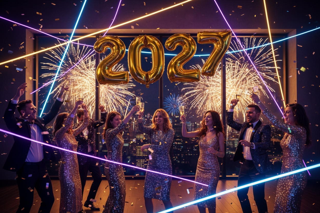 Un gruppo di amici festeggia il Capodanno in un locale con palloncini dorati a forma di 2027 e fuochi d'artificio visibili dalla finestra.
